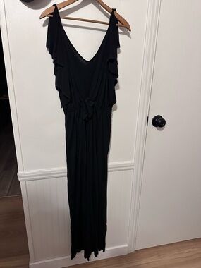 Black V-Neck Ruffle Strap wide leg jumpsuit